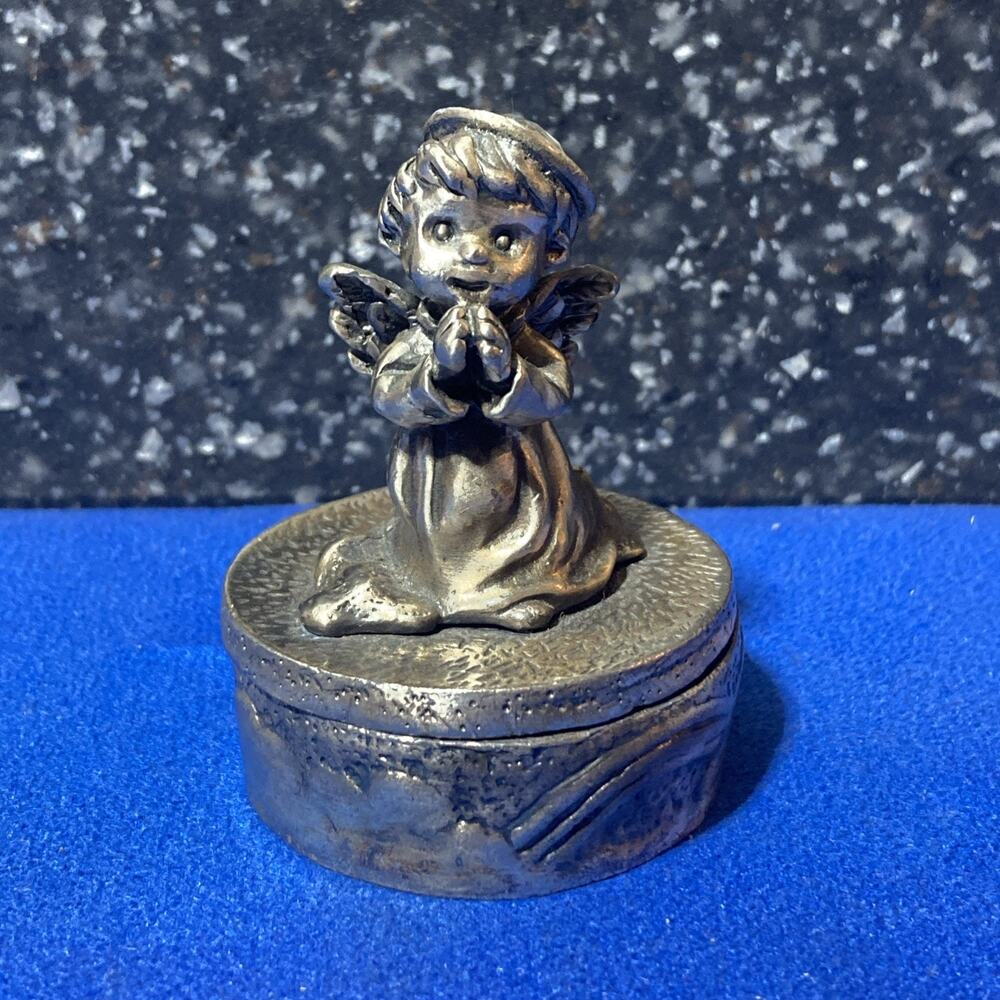 Vintage Metal Trinket Box Angel Praying 2.1" tall x 1.6" in diameter